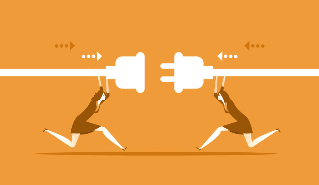 Connection. Business people hold plug and outlet in hand. Concept business vector illustration.