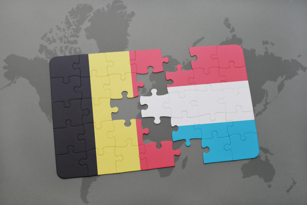 puzzle with the national flag of belgium and luxembourg on a world map background. 3D illustration