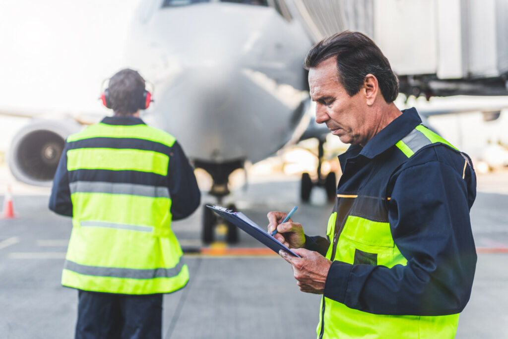 Side view serious mechanic noting document. Colleague looking at plane while turning back to camera